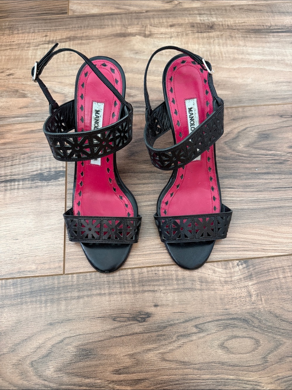 Manolo Blahnik Black Sandals with Pink Insole